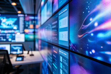 Fototapeta premium A workspace features multiple display screens showing colorful data and information. Light from the screens brightens the room. Nearby, a desk holds a computer and other devices used for work.