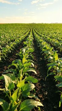 Young Soybean Field Rows Sunlight - A low-angle view of a young soybean field with neat rows of green plants stretching towards the horizon under a clear sky and warm sunlight.