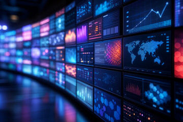 Fototapeta premium Screens show various data visualizations and graphs in a control room setup. Bright colors highlight details on digital maps and statistics. The setup appears high-tech and organized.