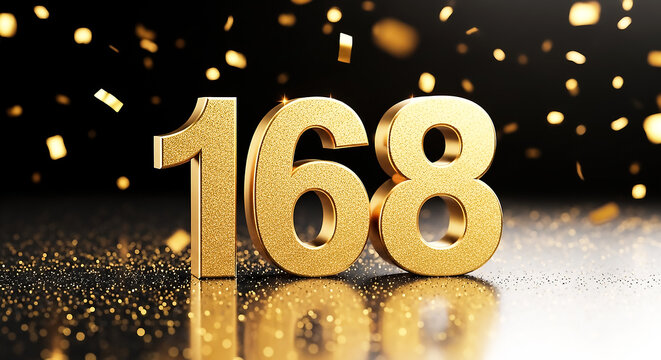 Stylish, reflective golden numbers '168' set against a festive black backdrop with sparkling confetti and glittery particles for a celebratory effect.