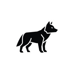 Fototapeta premium Minimalist black silhouette of a standing wolf, isolated on a white background, featuring sharp geometric lines and a stylized side profile of a wild canine predator for projects