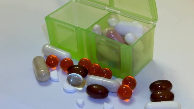 Green pillbox with scattered supplement capsules. Closeup view of translucent green container open on white surface, assortment