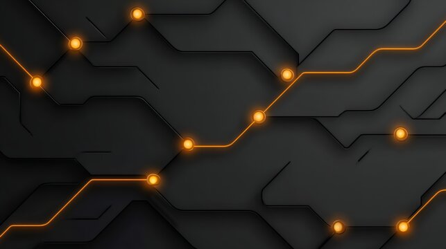 Abstract modern dark geometric microchip texture with diagonal glowing gold circuit trace path and bright orange power data nodes