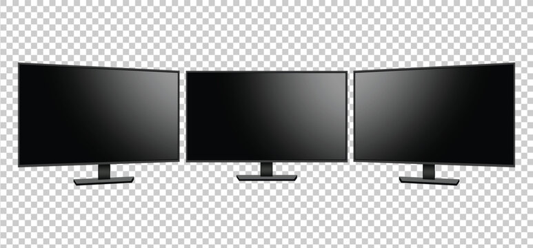 Three black computer monitors with different screen styles on transparent background