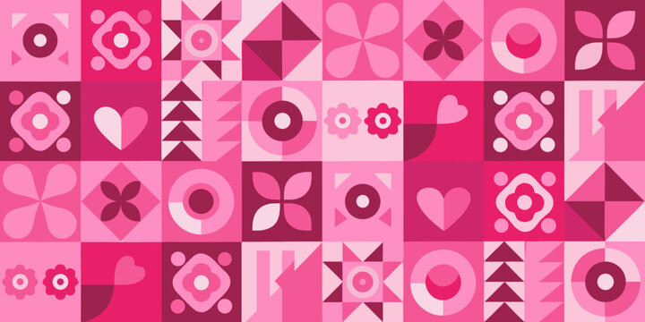Pink patchwork floral ornament repeating geometric pattern with rounded shapes
