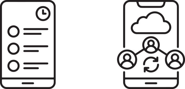 Art & Illustration, Mobile workflow icons illustrating a task management checklist with a clock on a phone and online cloud cloud-based remote user collaboration