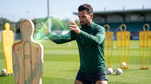 Football player practicing drills with training dummies on a field