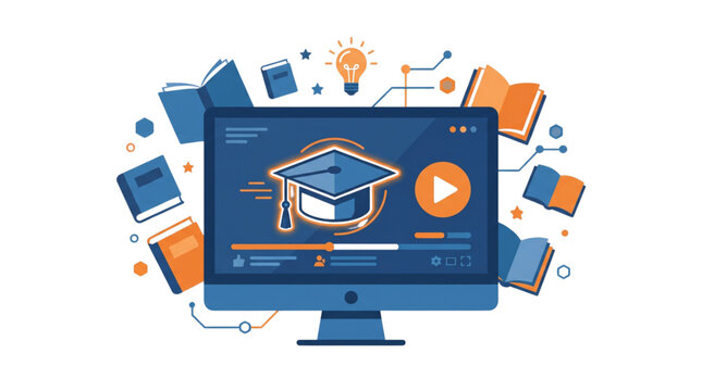 Online learning and digital education concept with graduation cap on computer screen, symbolizing knowledge and achievement