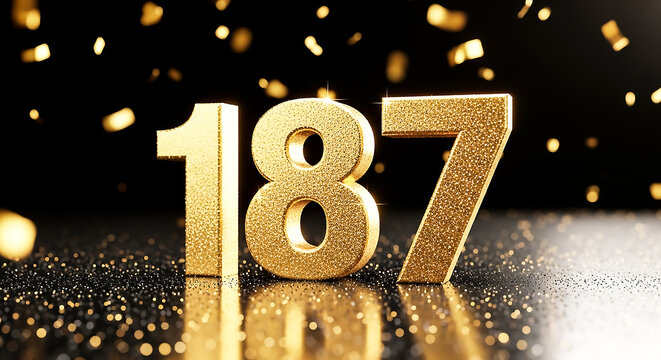Stylish golden embossed numbers 187 on a dark reflective surface with festive sparkles and confetti.