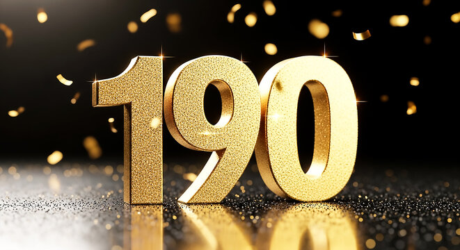 Stylish golden embossed numbers 190 on a dark glittery background with confetti, ideal for celebration or milestone events.