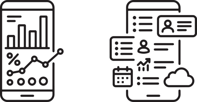 Art & Illustration, Mobile fintech dashboard icons displaying a smartphone layout with analytics graphs and a task manager checklist with a user profile avatar