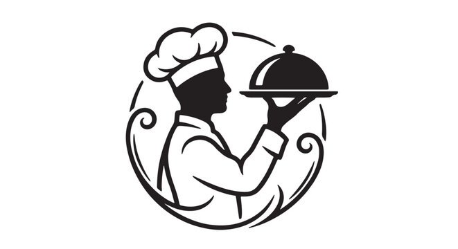 Elegant black and white silhouette vector of a chef holding serving tray. Perfect for restaurant, food service, cooking, and catering business visuals