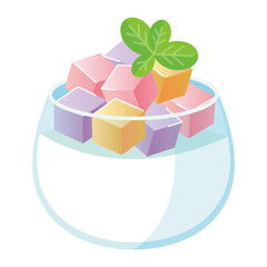 A refreshing dessert with colorful jelly cubes and a mint leaf in a clear glass bowl. © yeri