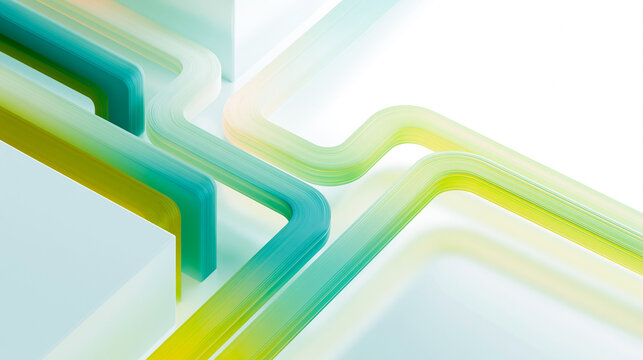 Curved Interconnected Industrial Pipe Tracks in Lime Green and Teal Shades over White Surface