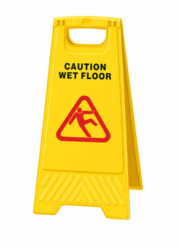 Caution wet floor sign yellow A-frame safety sign isolated on white background.