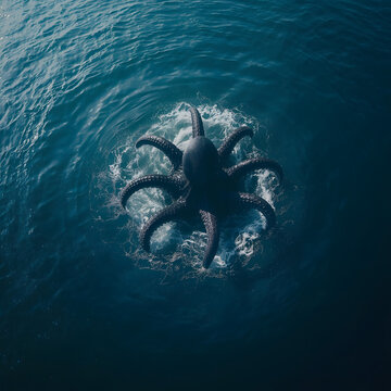 Distant view of a massive mythical kraken creature silhouette emerging from the blue ocean.