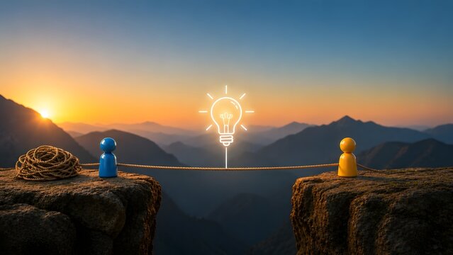 Two figures on opposite cliffs connected by a rope through a glowing lightbulb, symbolizing collaborative solutions, bridging gaps and shared innovation