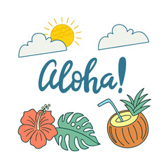 A vibrant illustration featuring the word 'Aloha!' surrounded by tropical elements like a hibiscus flower, monstera leaf, coconut drink, sun, and clouds. © M4rt