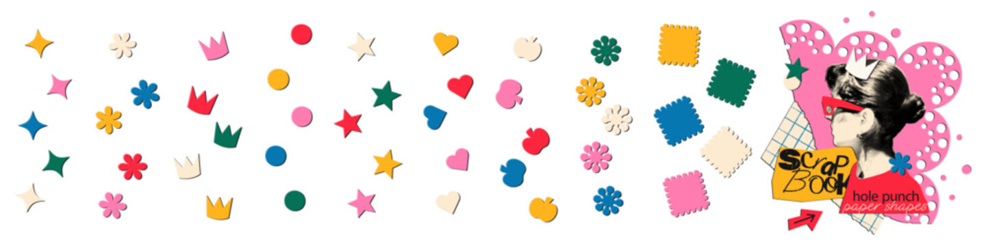 Scrapbook doodle shapes cut out of colored paper. Paper overlay clippings, stickers handmade by craft hole punch. Heart, circle, star, crown fun collage elements. Vector illustration on transparent bg
