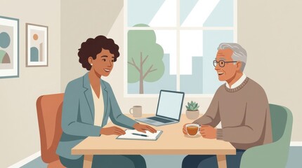 Fototapeta premium Flat Illustration of Compassionate Professional Meeting with Client at Desk in Supportive Service Consultation with Respectful Muted Palette