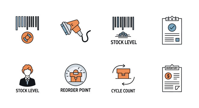 Inventory Management Icons: Barcode, Scanner, Stock Level, Reorder, Cycle Count