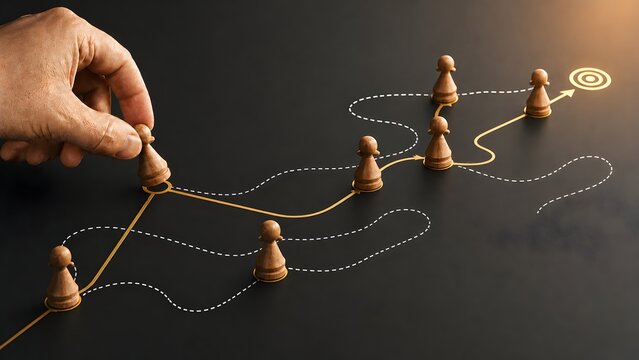 Hand guiding a wooden pawn on a direct path to the target, representing strategic planning, leadership, and efficient goal achievement