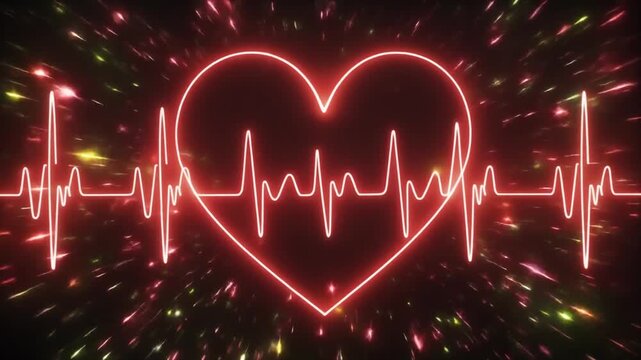 Neon heart with ECG waveform glowing vibrantly, symbolizing love, life, health, and emotional energy in dynamic visual fusion