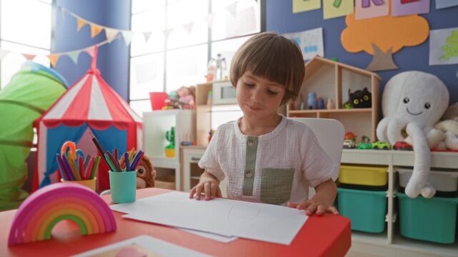 Boy drawing on paper, hand reaching for colored pencils and rainbow toy at a small play table in a building; creative concentration.