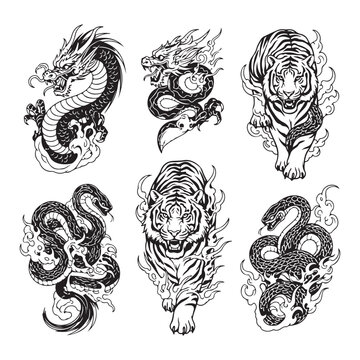 Japanese tattoo style illustrations of dragons tigers and snakes in black and white line art set for apparel and graphic design