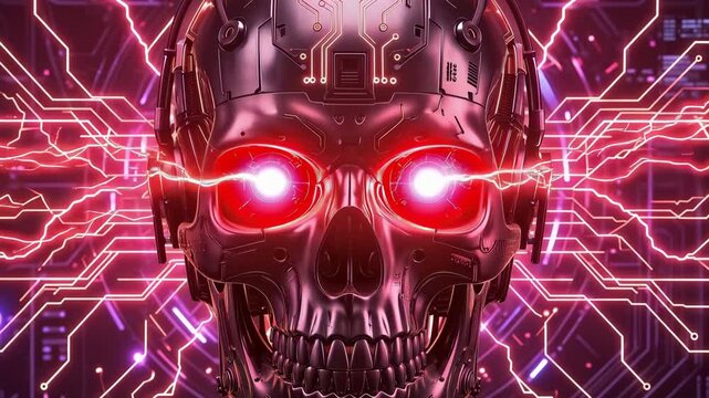 Futuristic cyborg skull with glowing red eyes and digital circuit patterns on a dark background 4k video