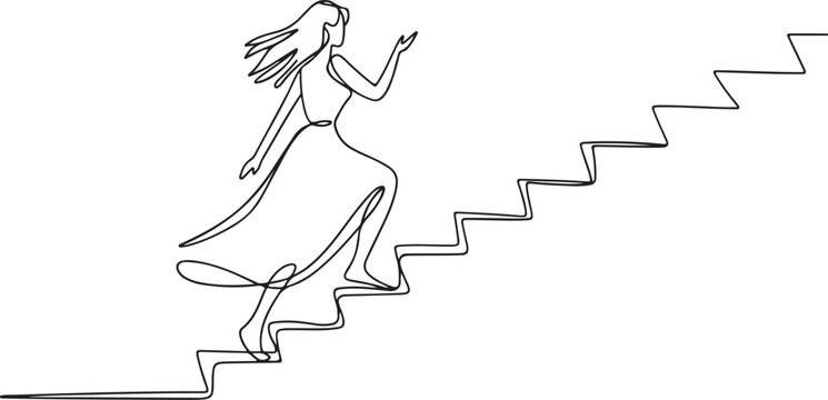 Continuous line drawing of a woman running up stairs