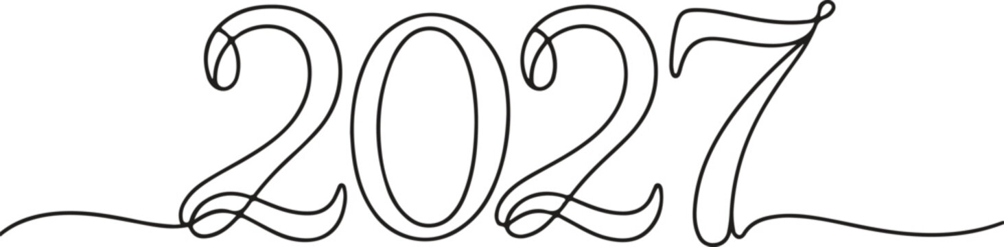 Black line art illustration of 2027 with swirling lines