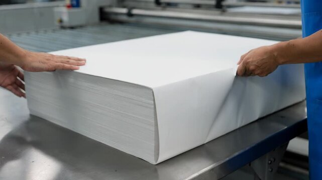 Medium shot footage of matte wrap being applied to paper reams highlighting the smooth texture and precise folding in a clean packaging environment