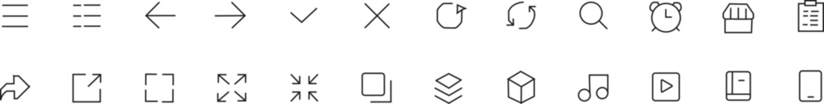 Minimalist line icons set for web and mobile UI, 24 thin stroke vector interface symbols, clean grey navigation and application elements
