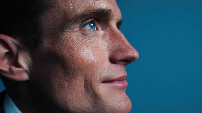 Profile of a young Caucasian man with short brown hair and blue eyes against a blue background. He has a slight smile and visible freckles.