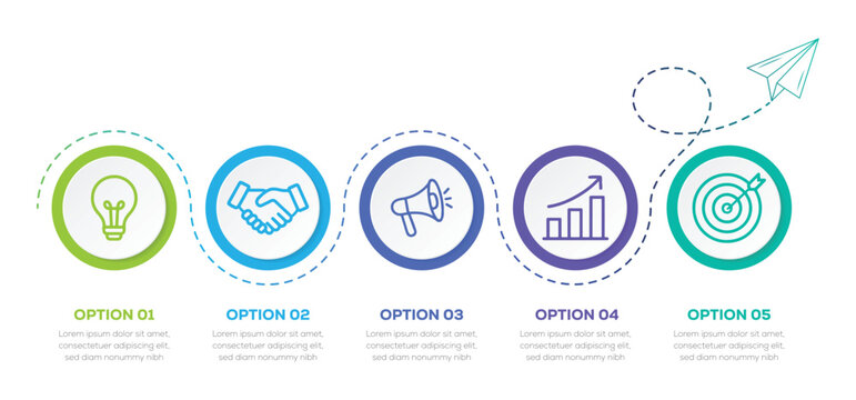 Modern five steps business infographic timeline and startup growth journey with marketing and goal target icons.  vector illustration.
