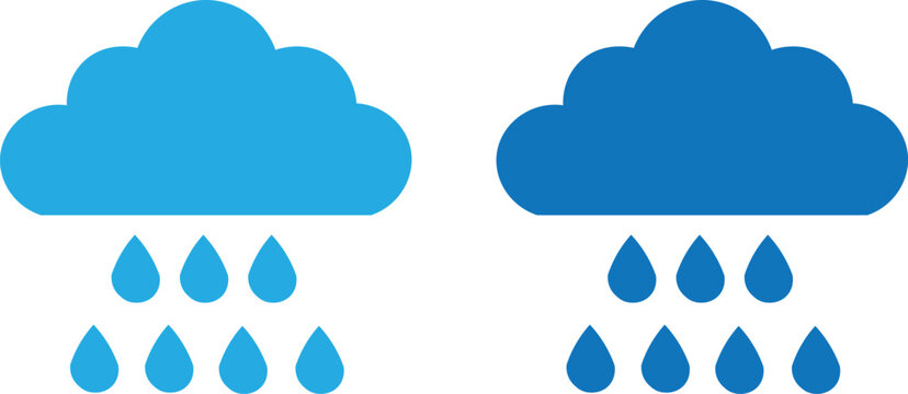 Minimalist blue cloud icons with rain drops, flat weather forecast symbols, simple rainy day vector illustrations for mobile apps and web design
