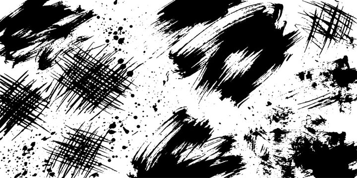A dynamic collage of black ink brush strokes, splatters, and scratch marks on a white background, offering a raw and expressive abstract art texture.