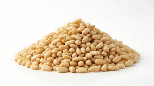 Pile of raw pine nuts isolated on white background