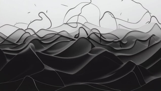 Abstract High Contrast Topography Line Loop - 3D Tech Schematic Waves and Monochrome Contour Background
