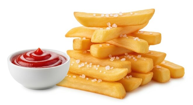Golden French Fries, Salty Snacks, Crispy Potato Sticks, Ketchup Bowl
