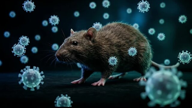 Cinematic brown rat surrounded by floating infectious virus cells