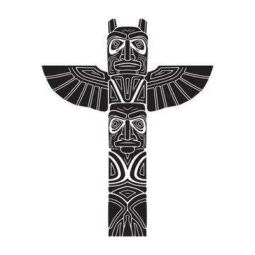 Totem pole vector illustration with thunderbird wings and stacked tribal masks for indigenous cultural design and heritage branding