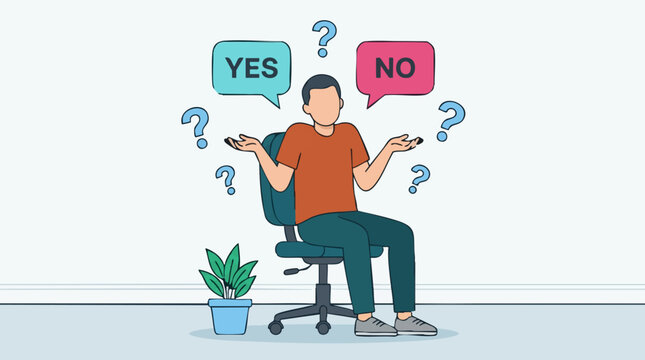 Man facing a dilemma, choosing between yes and no, expressing uncertainty