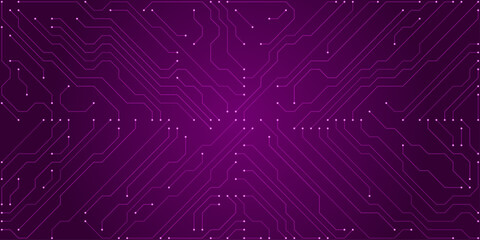 Futuristic circuit board pattern with glowing purple lines and dots on a dark purple background technology © Arthur Vinsmoke