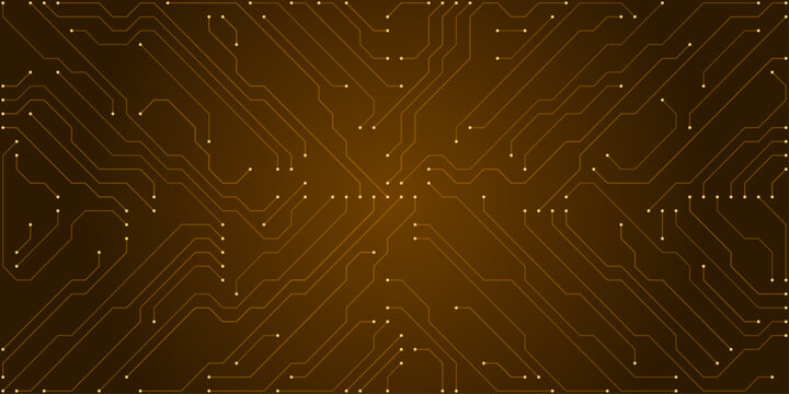 Symmetrical abstract digital circuit board pattern with orange lines and white dots on a dark brown gradient background