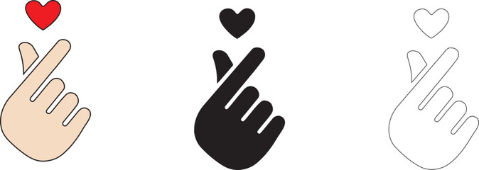 Obraz premium Cute Finger Heart Gesture Icon Set with Love Heart Symbol Cartoon Hand Illustration