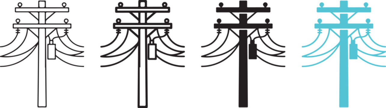 Set of four simple utility power pole icons in different graphic styles