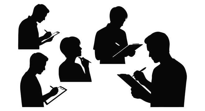 Set of silhouettes of people writing and taking notes isolated on white background