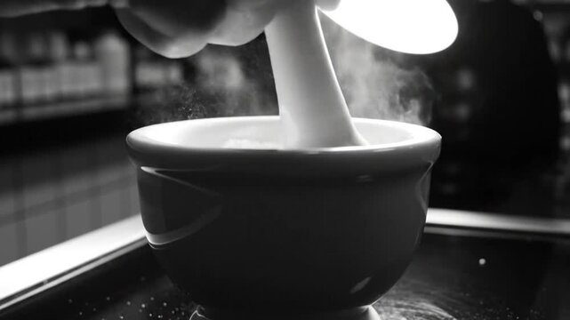 Black and white close up of a pestle grinding herbs in a mortar, creating steam